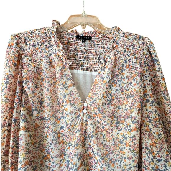 1. State Tops - 1.State Floral Smocked Peasant Blouse Top Women's Size L Chiffon